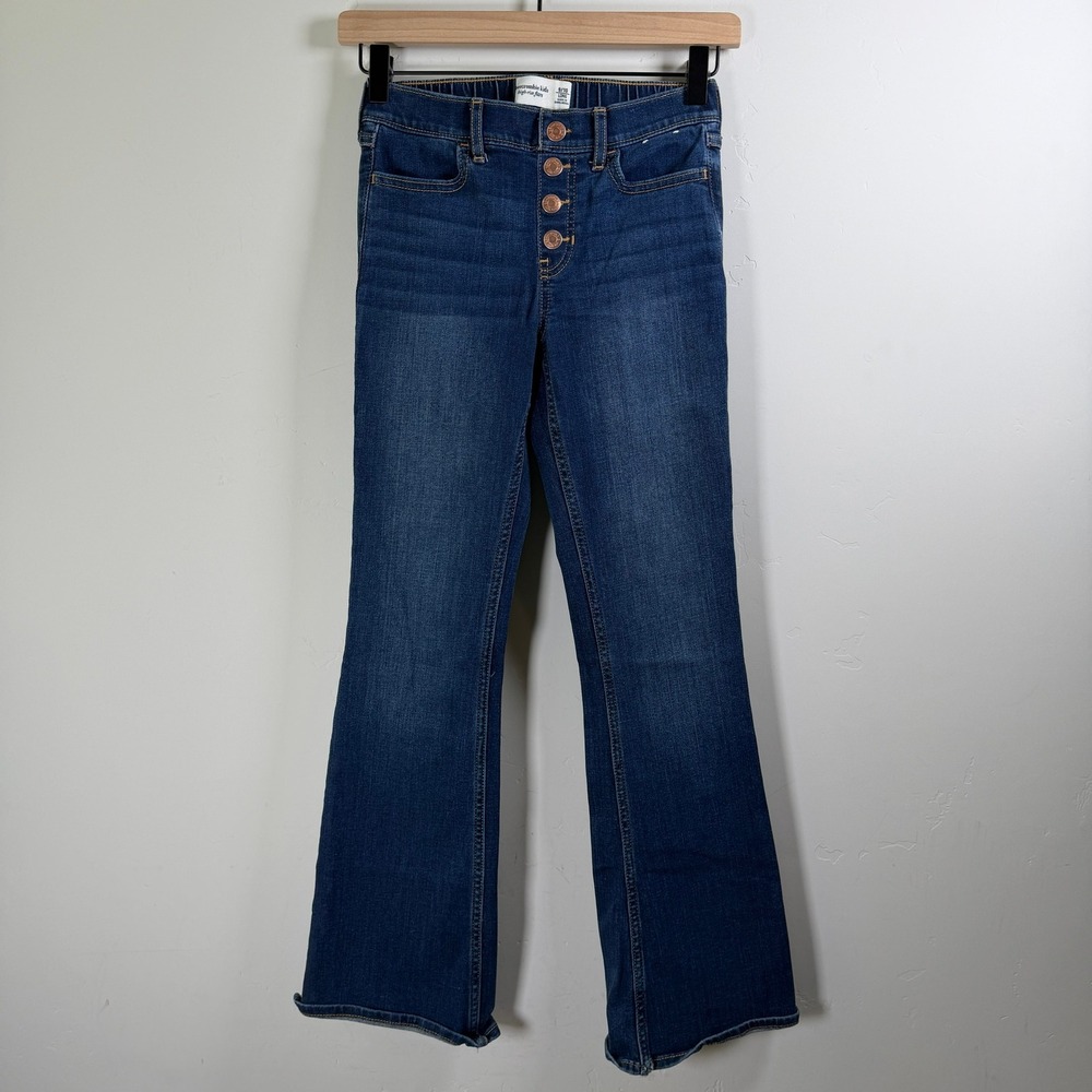 Abercrombie Kids High Rise Flare Pull On Jeans 9/10 Long Faux Button Slit Leg